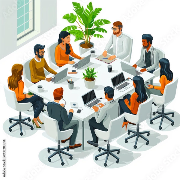 Fototapeta a group of people sitting around a table with laptops

