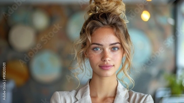 Fototapeta Ultra-sharp image of a professional businesswoman with vitiligo, exuding confidence in a contemporary office environment, wearing a smart business suit, with a minimalist background that accentuates