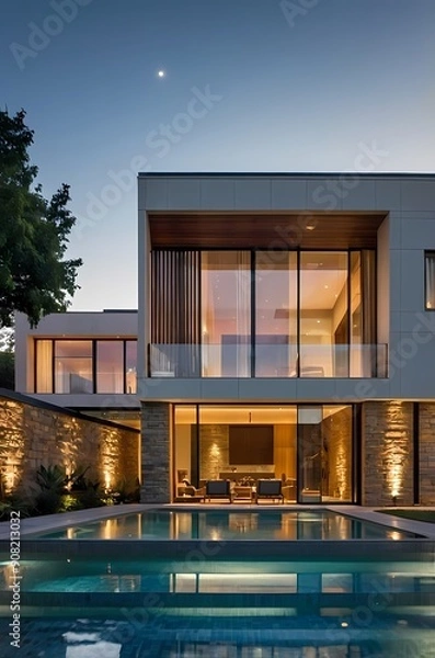 Obraz A modern villa exterior with a sleek and contemporary design with clean lines and large windows