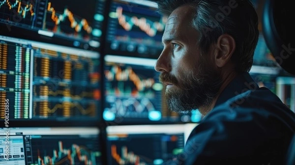Fototapeta Man trading stock in front of professional stock exchange computer. Generative AI.