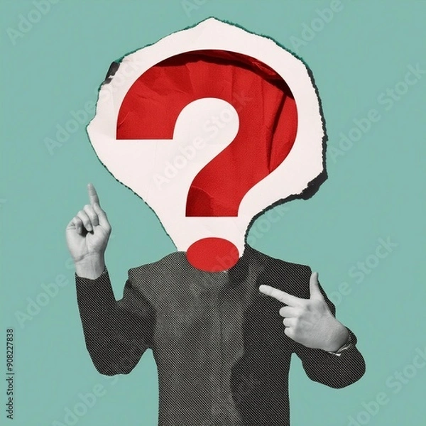 Fototapeta Modern collage with pointing hand and question mark. Paper cutout. Torn paper. Halftone part of body. Question mark cut out from notebook. FAQ sign.