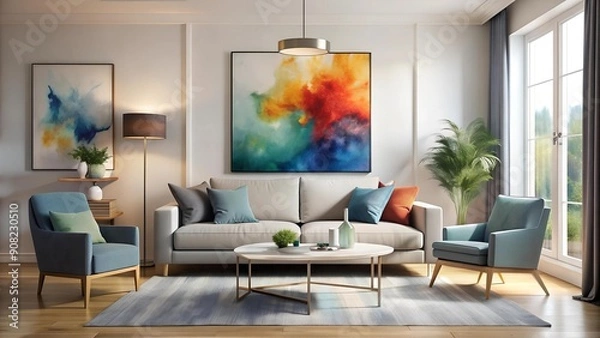 Fototapeta Contemporary Living Room with Abstract Watercolor Painting Poster Mockup  Generative AI