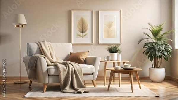 Obraz Cozy Scandinavian Living Room with Hand-Drawn Illustration Poster Mockup  Generative AI
