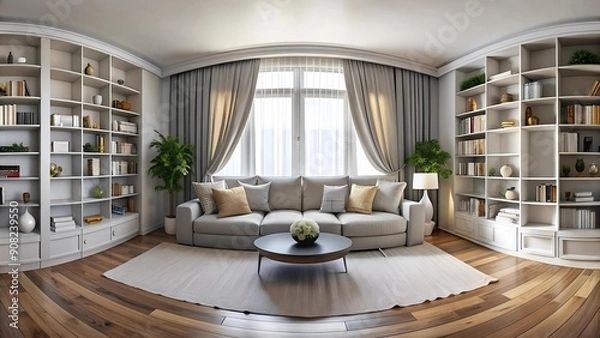 Fototapeta Modern Library: A 360? Panorama of a Cozy Living Room with a White Couch and Built-in Bookshelves  Generative AI
