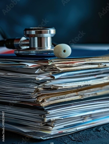 Fototapeta Close Up of Stethoscope Resting on a Pile of Medical Files