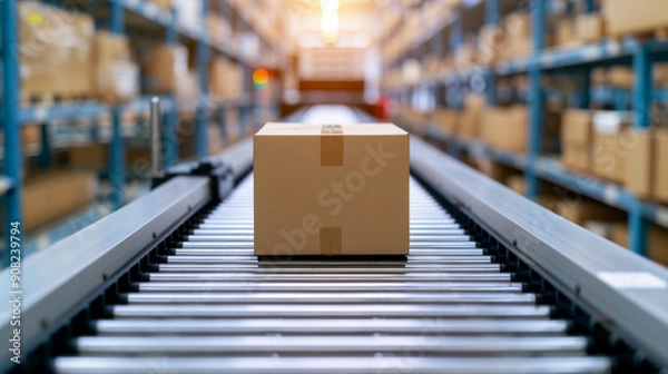 Fototapeta Cardboard box on a conveyor belt in a large warehouse, symbolizing efficient packaging, shipping, and logistics services.