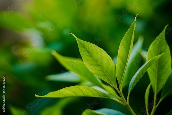 Obraz Closeup green leaves, blurred background, sharpness and detail emphasized