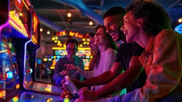 Fototapeta A group of friends enjoying arcade games in retro-themed arcade, smiling and having fun, with neon lights and arcade machines in the background. casino arcade game concept
