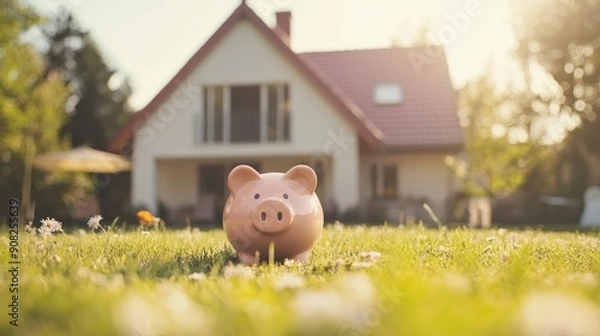 Fototapeta Piggy Bank In Front of a House