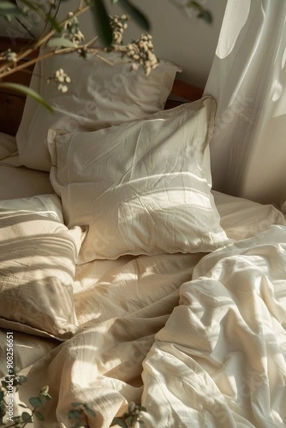 Obraz A bed with multiple pillows, perfect for a relaxing atmosphere