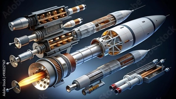 Fototapeta Unveiling the Majesty of Spaceflight: An Exploded View of a Modern Rocket  generative AI