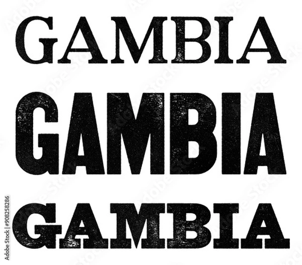 Fototapeta Gambia country name written in distressed vintage serif, sans serif and slab serif styles isolated on transparent background