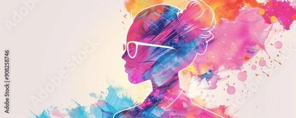Fototapeta Colorful abstract silhouette of a woman with glasses, blending modern and artistic elements.