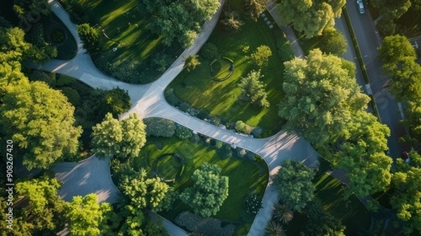 Obraz Aerial view of a lush green city park with winding pathways creating beautiful geometric shapes