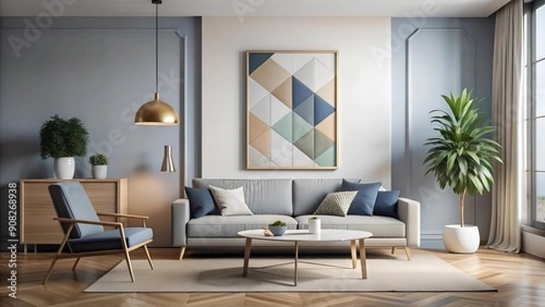 Fototapeta Modern and Minimalist Living Room with Abstract Geometric Poster Mockup  AI Generated