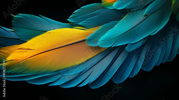 Fototapeta 青と緑と黄色の美しいオウムの羽を黒背景にクローズアップでリアルに描いたAI生成画像