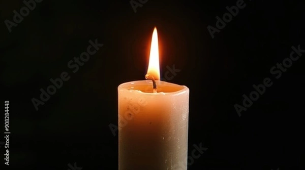 Fototapeta A single lit candle stands out against a dark background