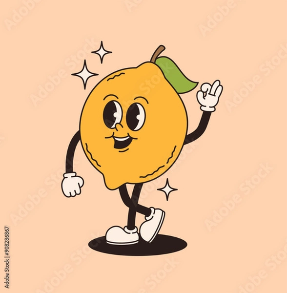 Obraz Retro groovy character lemon. Vector flat illustration.