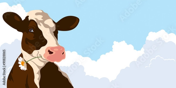 Fototapeta Cow with a flower on a background of blue sky