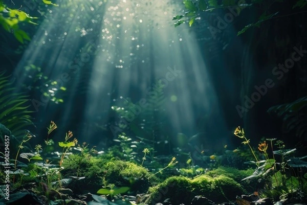 Fototapeta A serene scene of sunlight filtering through the treetops in a dense forest