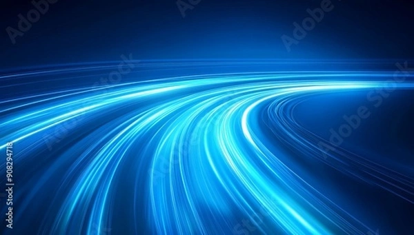 Fototapeta Abstract blue light speed lines background, fast moving in curved path with motion blur effect. Digital technology concept
