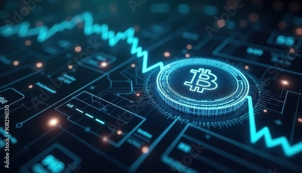 Fototapeta Bitcoin Cryptocurrency  - Digital Currency on a Futuristic Interface.