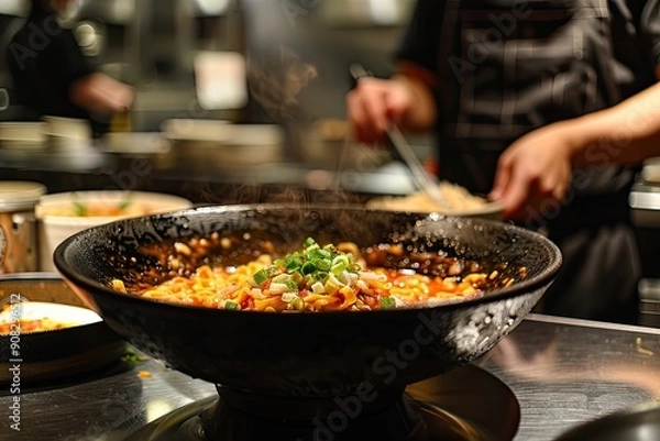 Fototapeta A close-up of a bowl of steaming noodles. This image is perfect for depicting a bustling restaurant kitchen or showing the preparation of a tasty Asian dish.