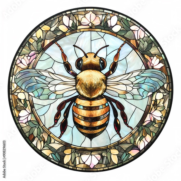 Fototapeta Detailed stained glass style round mandala of a honeybee, isolated on a white background.	