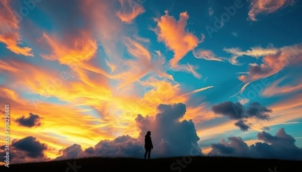 Fototapeta Silhouette of a person standing in a field with a sunset sky.
