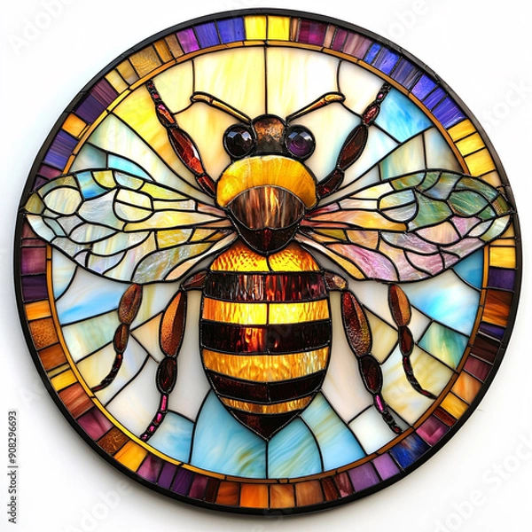 Fototapeta Detailed stained glass style round mandala of a honeybee, isolated on a white background.	