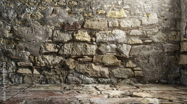 Fototapeta Rural room with weathered stonework background and grungy rock surface