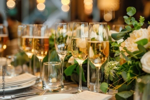 Fototapeta A table set with champagne glasses and flowers. A close-up view of a wedding reception table with champagne glasses and floral centerpieces.