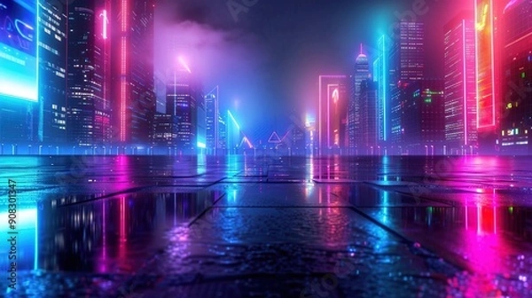Fototapeta Glowing Cyberpunk Cityscape with Holographic Ads for Text Space - Futuristic Urban Scene with Neon Lights in Digital Style