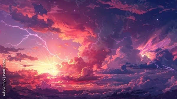 Fototapeta Luminous Storm. Anime-inspired lightning background with high detail on a plain backdrop.