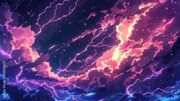 Fototapeta Dynamic Anime Lightning Background. Futuristic technological landscape concept