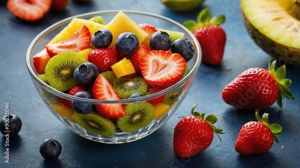 Obraz A vibrant mixed fruit salad in a glass bowl featuring strawberries, kiwi, blueberries, and mango pieces, set against a blue background.
