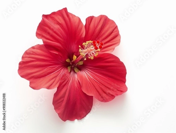 Fototapeta bright large flower and leaf of red hibiscus isolated on white background
