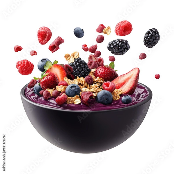 Obraz Floating Acai Bowl With Fruits And Granola On Transparent Png Background For Superfood Advertisements . Generative ai