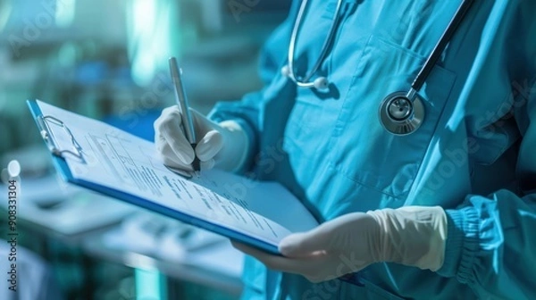Fototapeta A high-resolution medical documentation photo showing a surgeon carefully documenting a surgical procedure, highlighting the importance of accurate and detailed record-keeping in medical practice,