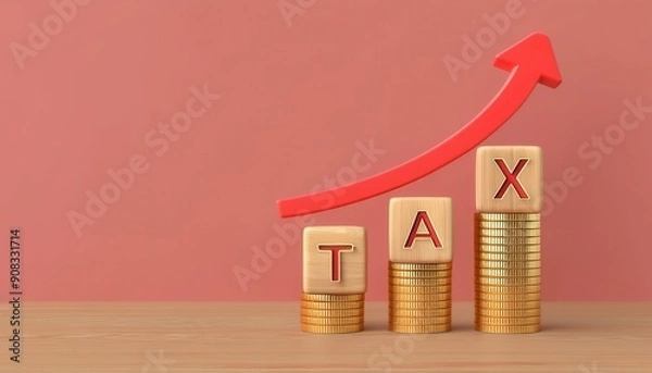 Obraz Visual representation of tax growth with wooden blocks and rising coins, symbolizing financial increase and economic progress.