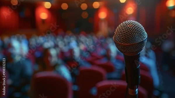 Fototapeta Speaker in town hall meeting answering questions interactive session engaged community