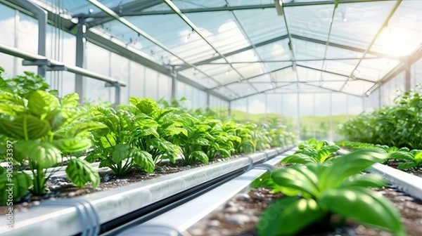Fototapeta Modern greenhouse cultivation with automated systems, Greenhouse cultivation, Controlled environment agriculture