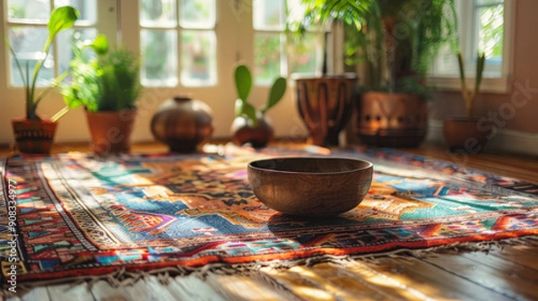 Fototapeta A serene room with sunlight streaming through windows, showcasing a colorful rug, wooden bowl, potted plants, and ethnic decor items.