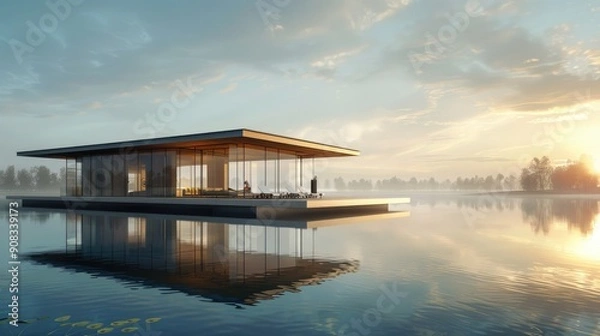 Obraz Floating building concept hovering above a reflective water surface