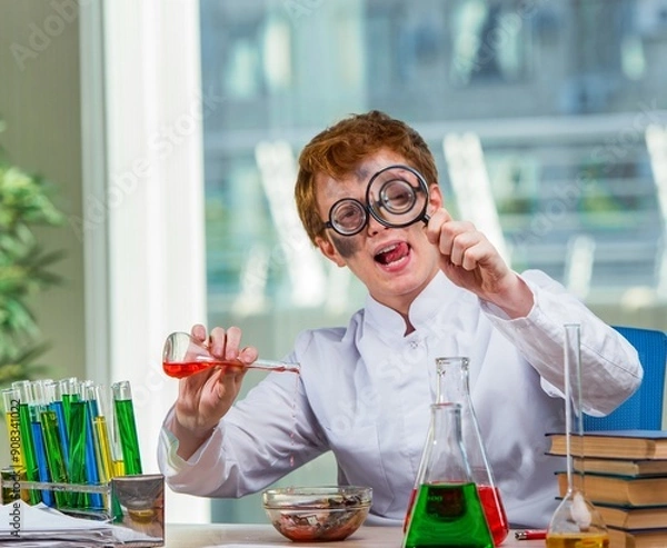 Obraz Young crazy chemist working in the lab