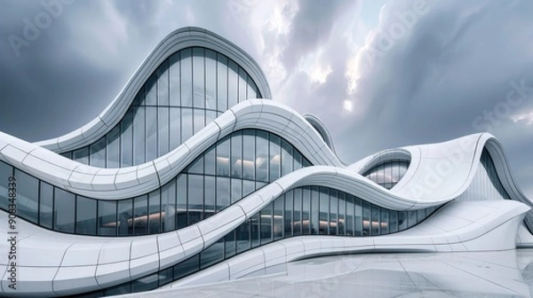 Obraz Modern museum with flowing lines and reflective surfaces