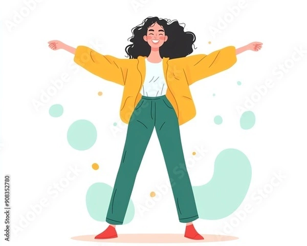 Fototapeta Power pose, flat design, front view, confidence theme, cartoon drawing, colored pastel