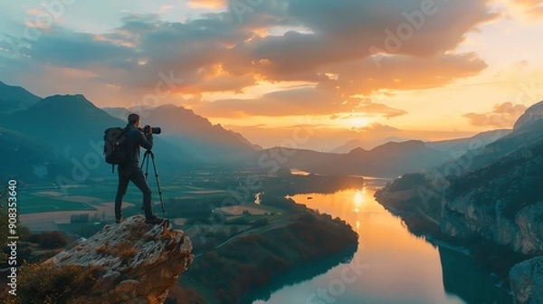 Fototapeta A photographer stands on a clifftop capturing a sunset over a lake and mountain range.