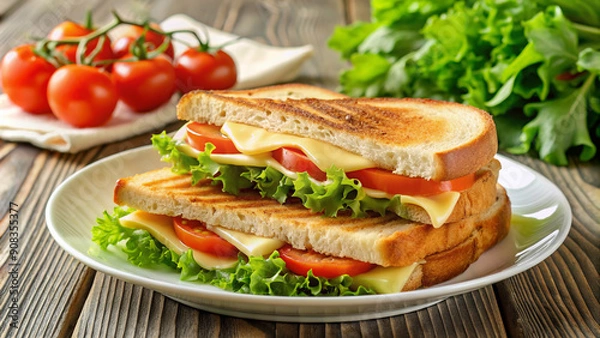 Fototapeta Delicious melted cheese between crispy golden bread slices, garnished with fresh lettuce and tomato, served on a clean white plate with a side of utensils.