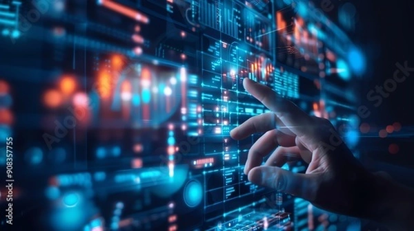 Fototapeta A hand interacts with a futuristic interface made of lines, graphs, and symbols.